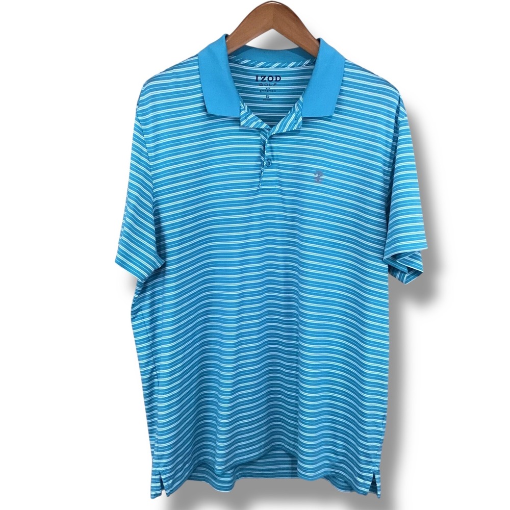 IZOD Golf Mens XL Blue White Striped‎ Short Sleeve Stretch Polo Shirt